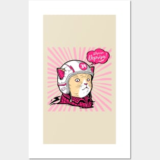 Comic cartoon with a cute retro motorized cat in pink colors with the phrase in Spanish: Hurry, hurry! Posters and Art